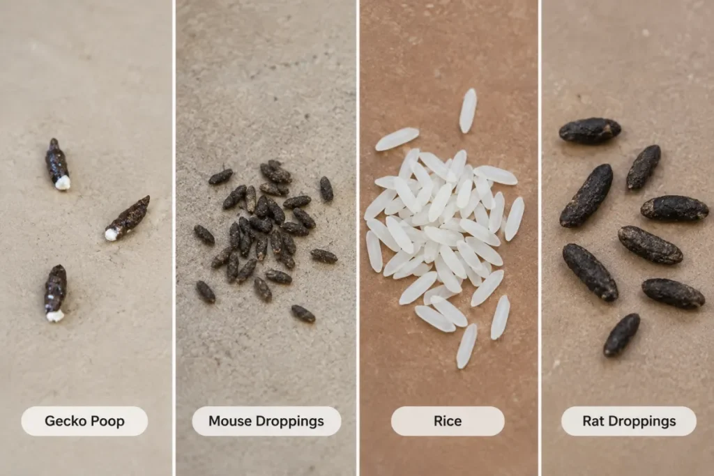 isual comparison of gecko poop, mouse droppings, rice, and rat droppings, showing differences in size, shape, and appearance.